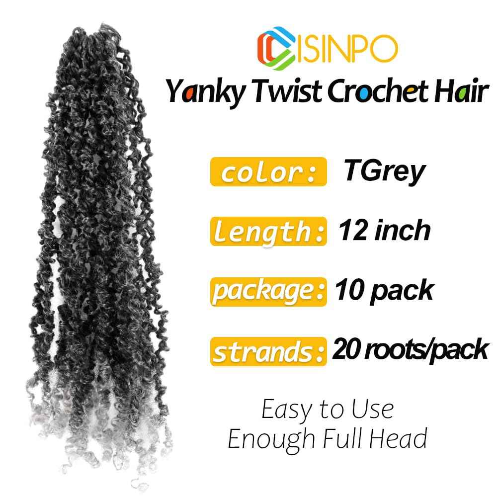 Cisinpo Yanky Twist Crochet Hair 12 Inch 10 Packs Pre-Twisted Ombre Grey Micro Spring Twist Boho Senegalese for Black Women(TGrey, Total 200 Strands)