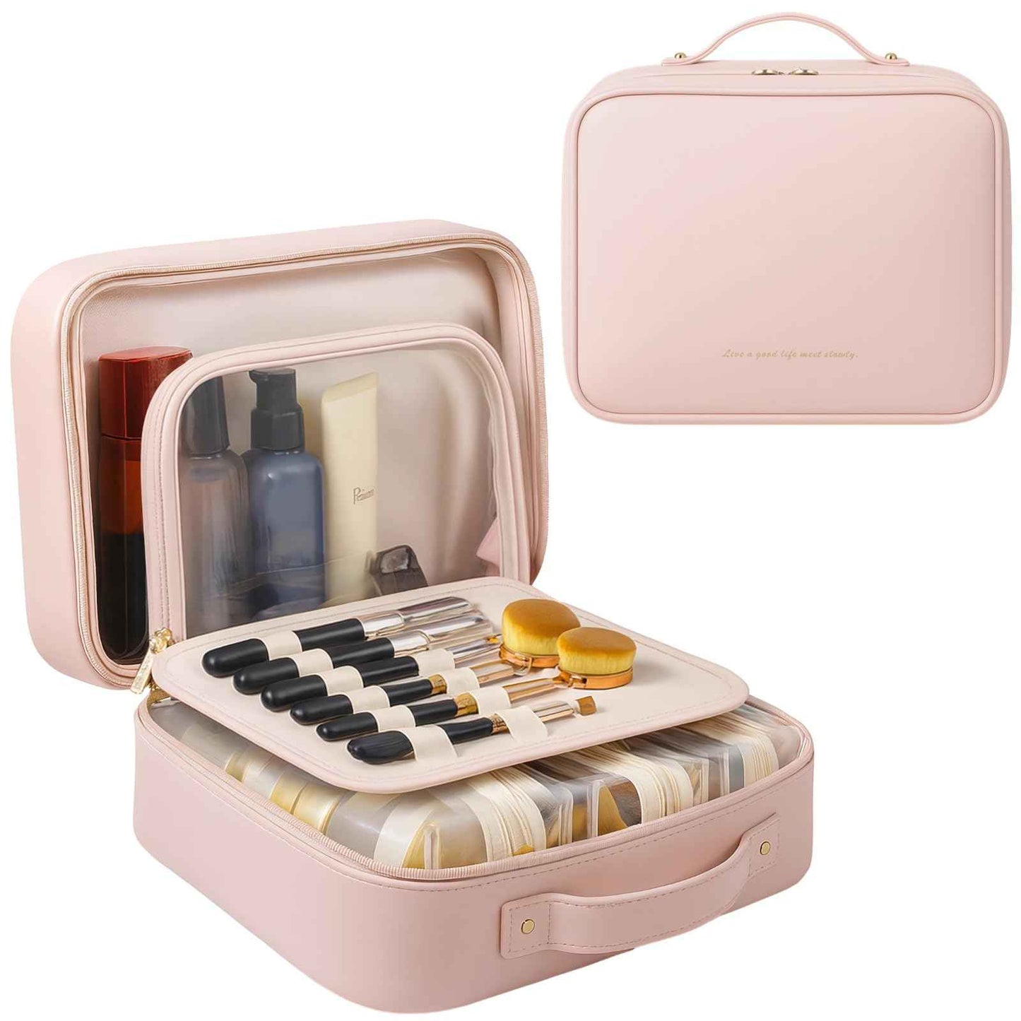 OMISTAR Travel Make Up Bags for Women - 12.2 in Cosmetic Toiletry Bag with Compartments, Long-lasting Waterproof PU Leather with Soft Removable Brush Compartments & Organized Multiple Pockets