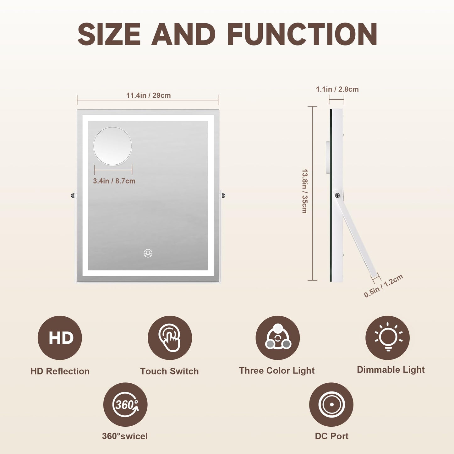 MINISO Vanity Mirror with Lights, 11.4" x 13.8" LED Makeup Mirror, Light & Brightness Adjustment, Smart Sensor, Aluminum Alloy Metal White Frame, with 5X Magnifying Glass