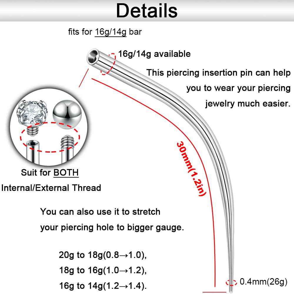PunkTracker 14g/16g/18g Curved ASTM F136 Titanium Piercing Kit Taper Insertion Pin Tool for Internal Thread Tragus Helix Lip Nose Helix Piercing Jewelry Labret Studs Nose Stud Stretcher