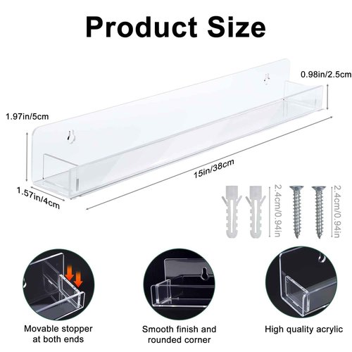 6 Pack Wall Mounted Acrylic Nail Polish Organizer Rack 15 Inch Clear Nail Polish Shelf with Removable Ends Multi-Purpose Shelf for Essential Oils Cosmetics Storage Display for Salon Bathroom