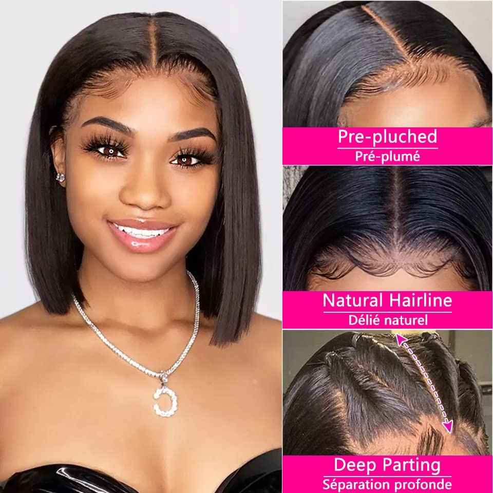 WRIVOX Bob Wig Human Hair 13x4 HD Lace Front Wigs Human Hair Glueless Wigs Human Hair Pre Plucked 180% Density Short Straight Frontal Bob Wig Human Hair Natural Color 12 Inch