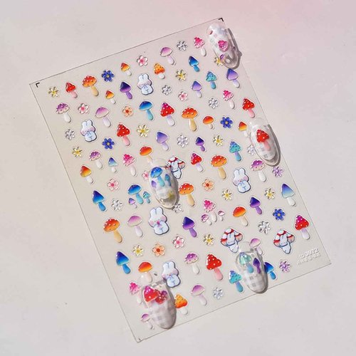 1 Sheet Cute Mushroom Nail Stickers Rabbit Flower Nail Art Decals 5D Jelly Sense Self-Adhesive Nail Design Stickers for Women DIY Spring Nail Art Supplies Acrylic Nails Accessories