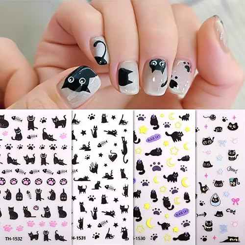 Black Cat Nail Art Stickers, 8 Sheets, Cat Nail Stickers,Cartoon Animal Self-Adhesive Nail Decals Supplies Cute Cartoon Manicure Sliders for Women Girls Nail Art Decorations