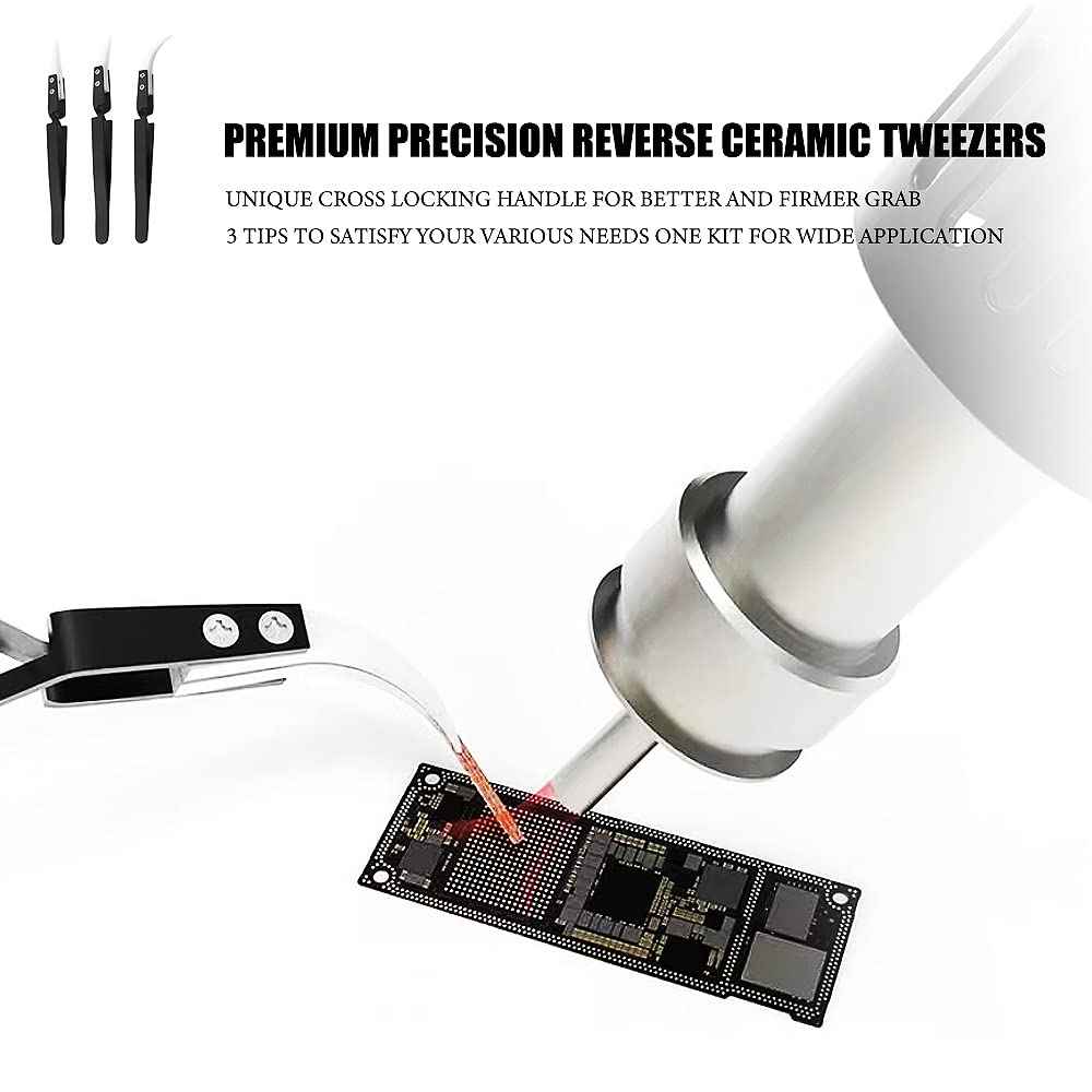 Precision Tweezers Reverse Ceramic Tweezers 3 PCS Electronic Tweezers, Soldering Hot Tweezers Self Locking Tweezers with Ceramic Tips-UY3