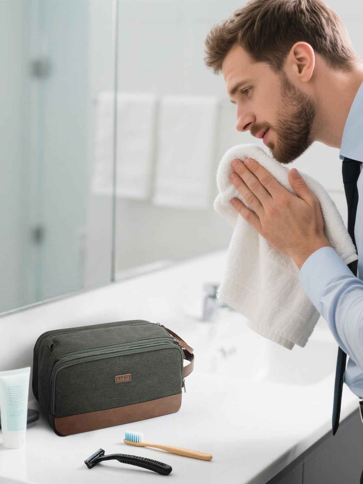 WANDF Toiletry Bag for Men Travel Toiletry Organizer Canvas and Leather Dopp Kit Water-Resistant Shaving Bag for Travel Accessories (Green, Medium)