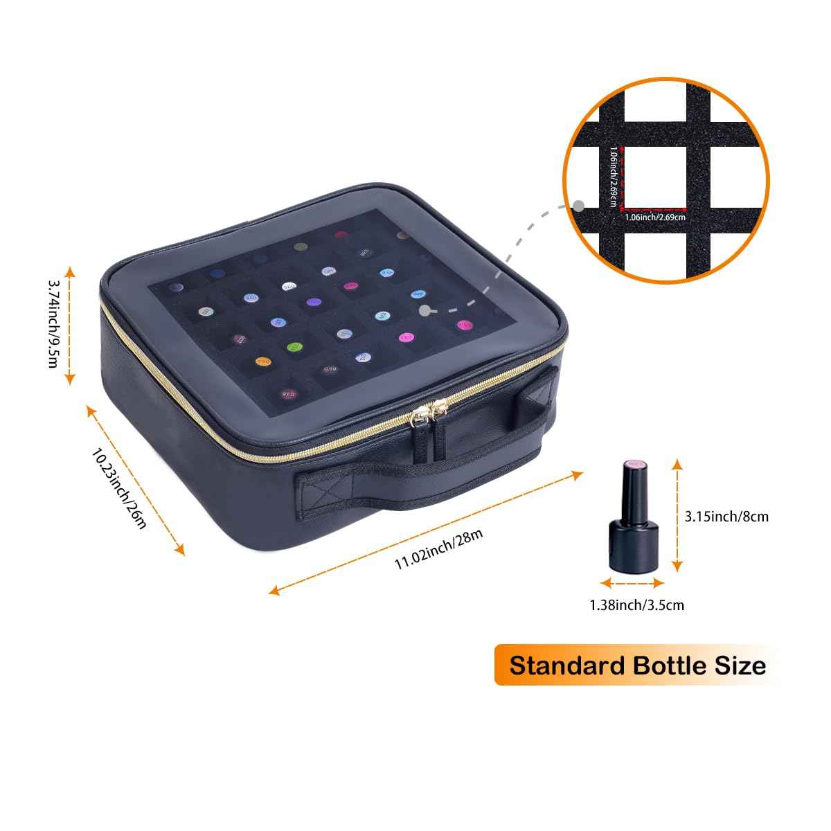 YAHOURWAT Small Clear Nail Polish Organizer Storage Box Hold 42 Bottles (15 ml/0.51 floz) PU Leather Portable Cosmetic Bag with Removable Partition (Black)