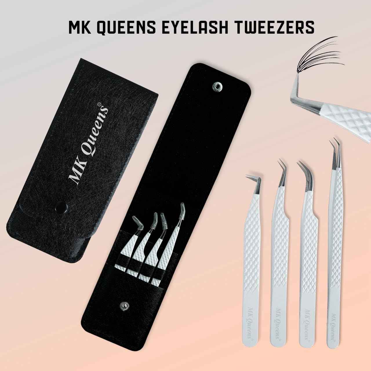 MK Queens Lash Tweezers - Stainless Steel Fiber Tip Eyelash Tweezers (Set of 4) - Diamond Grip Professional Lash Tweezers for Eyelash Extensions (White)