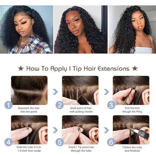 50G/Pack 28Inch Long I Tip Hair Extensions Human Hair 4-5 Packs for Full Head Pre Bonded I Tip Hair Bundles Cold Fusion Ketatin Stick Tippeds Real Human Hair Kinky Curly #1B I Tip Hair Extensions