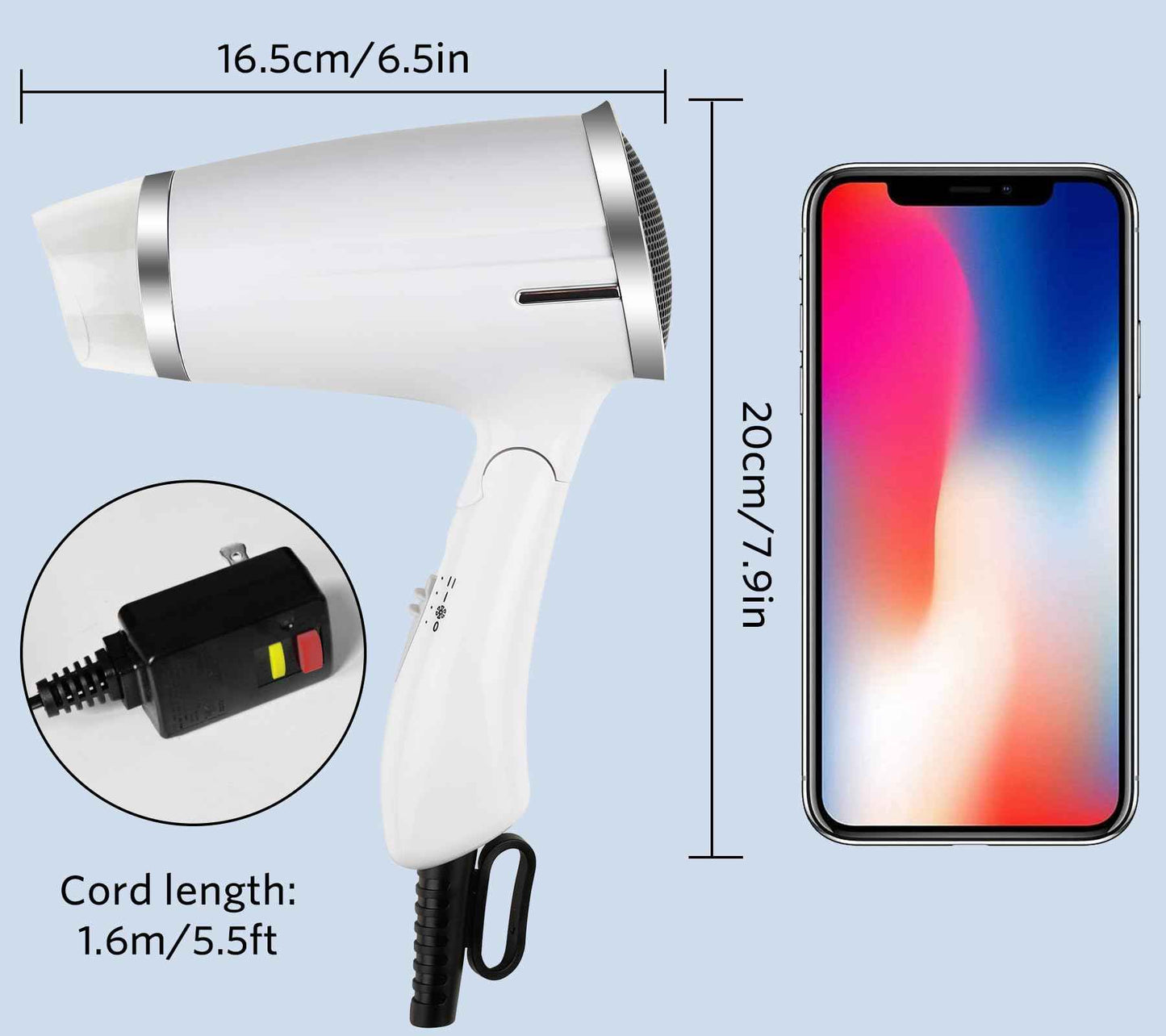 Travel Hair Dryer 1200W Folding Handle Lightweight Blow Dryer,Smart Portable 3 Heat Settings Professional Compact Hair Dryer,Fast Drying for Women