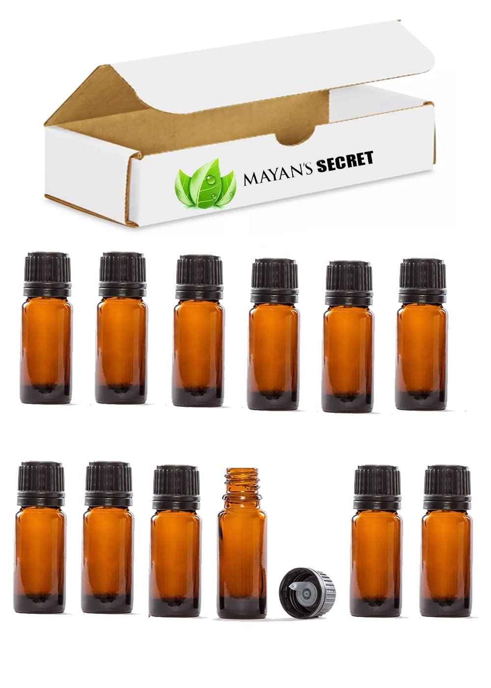 Mayan's Secret Glass Bottles for Essential Oils - 12 Pack 10 ml Refillable Empty Amber Bottle with Orifice Reducers and Black Lids