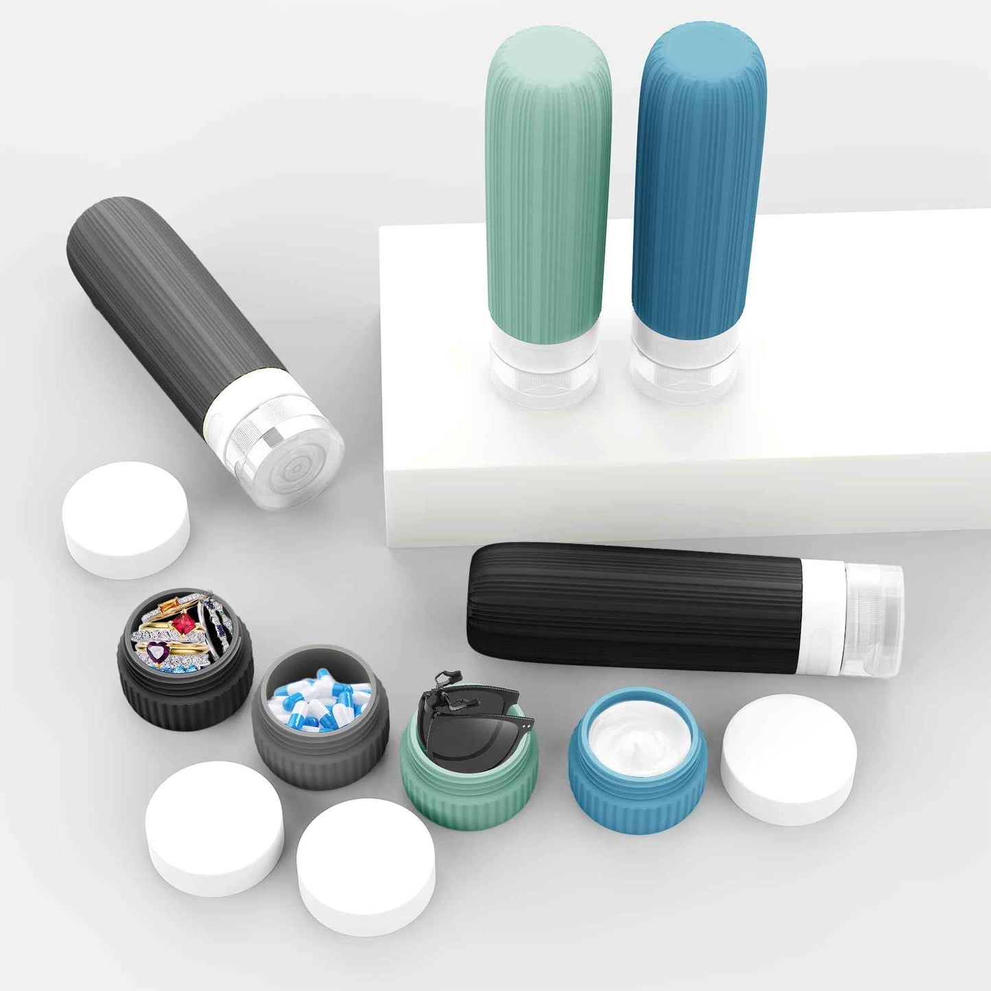 Travel Bottles for Toiletries, Leakproof Silicone Squeezable Cosmetic Liquids Bottles in Travel Size with Clear Bag, TSA Approved Refillable Cosmetic Container Kits for Shampoo and More (Blue)