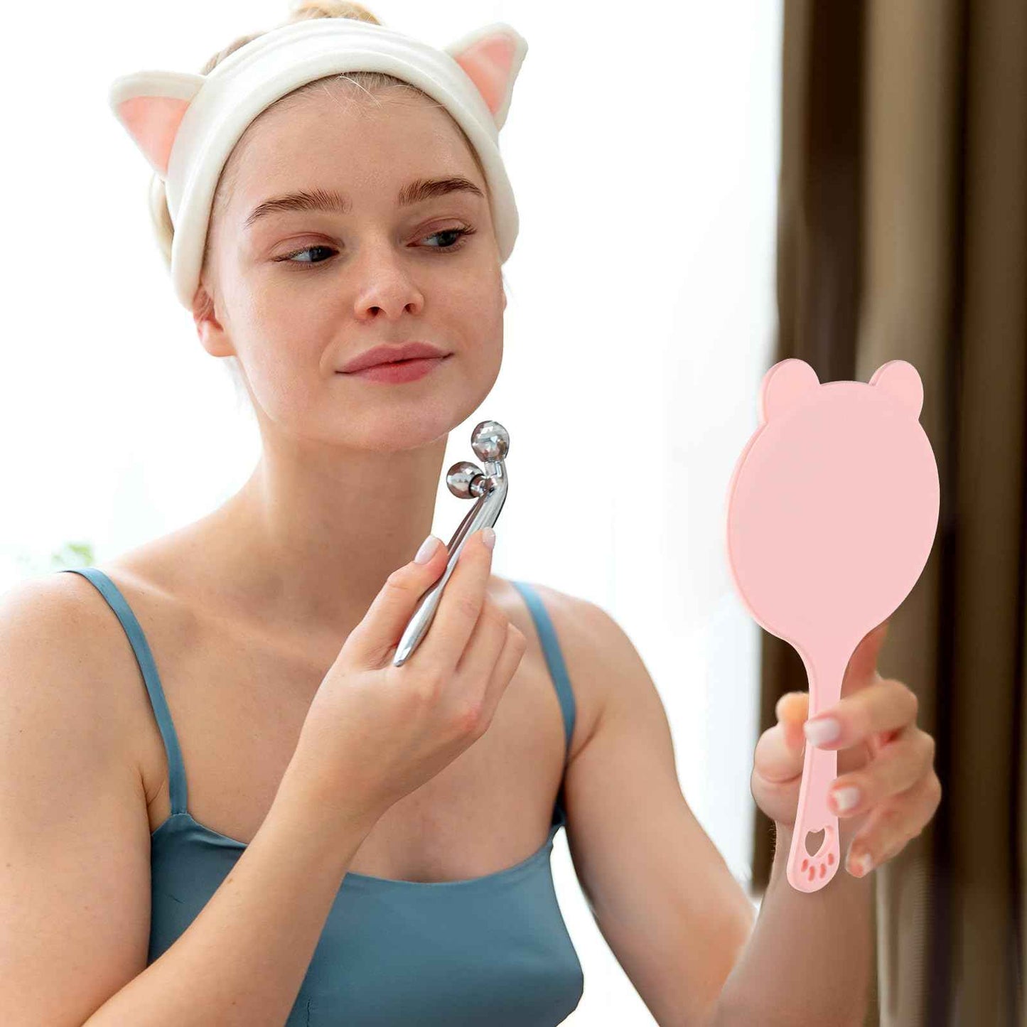 Qianyu Hand Held Mirror with Handle for Makeup Shaving Small Cute Professional Handheld Mirror with Hanging Hole Single-Sided Portable Multi-Purpose Travel Vanity Mirror for Men and Women