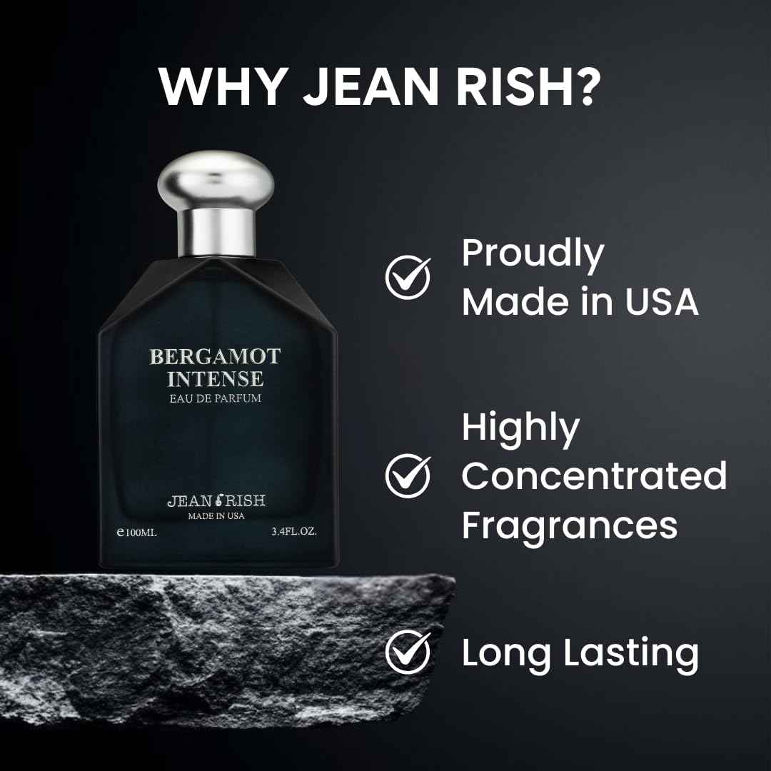 Jean Rish Bergamot Intense, Eau de Parfum for Men (3.4 Fl Oz / 100ml) with Bergamot, Orange Blossom & Patchouli – Long Lasting and Luxury Fragrance, Made in USA