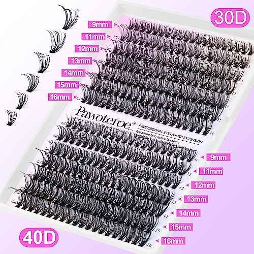 Pawotence Lash Extension Kit DIY 280pcs Lash Clusters Eyelash Extension Kit, 9-16mm 30D 40D Individual Lashes Kit with Lash Bond and Seal, Lash Tweezers for Self Use (30D&40D, 0.07D, 9-16mm, Kit)