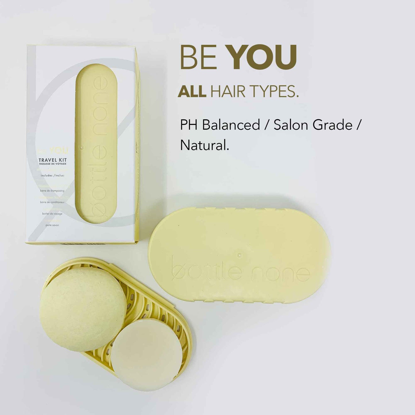 BOTTLE NONE | be YOU Travel Set Includes be You Shampoo and Conditioner Bars for All Hair Types with Travel Soap Dish | PH Balanced/Salon Grade/Natural | 50+ Washes