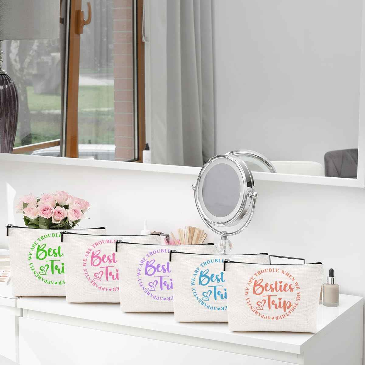 5Pcs Girls Trip Gifts Girls Weekend 2025 Makeup Bag Besties Trip Gifts Favors Summer Gifts Cosmetic Bag Toiletry Bag Zipper Pouch Weekender Bags for Women Girl Friendship Bachelorette Party Birthday