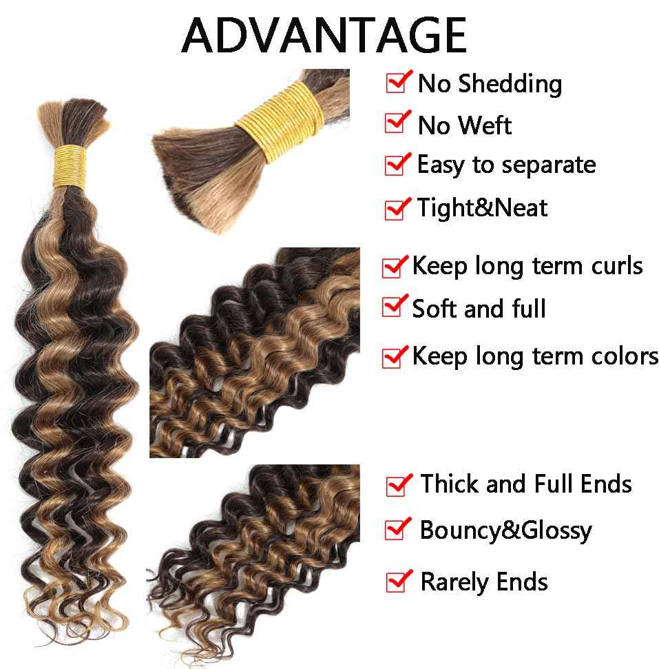 18 Inch Human Braiding Hair For Boho Braids 100g 2 Bundles Deep Wave Bulk Human Braiding Hair 100 Percent Unprocessed Virgin Hair Highlight 4/27 Wet and Wavy No Weft Boho Knotless Braid