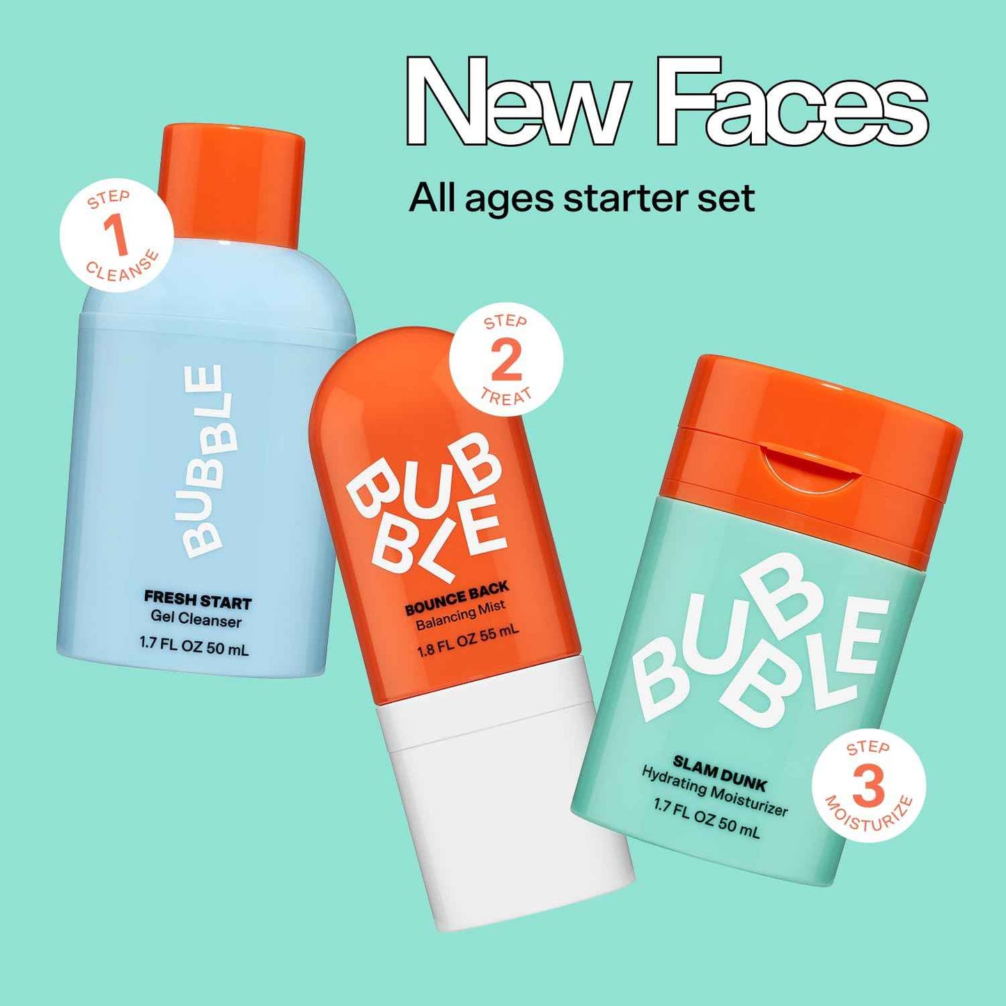 Bubble Skincare New Faces Gift Set - Skincare Set Includes Exfoliating Gel Cleanser, Balancing Facial Toner Mist + Hydrating Face Cream for Dry Skin - Skincare for Teens + Adults