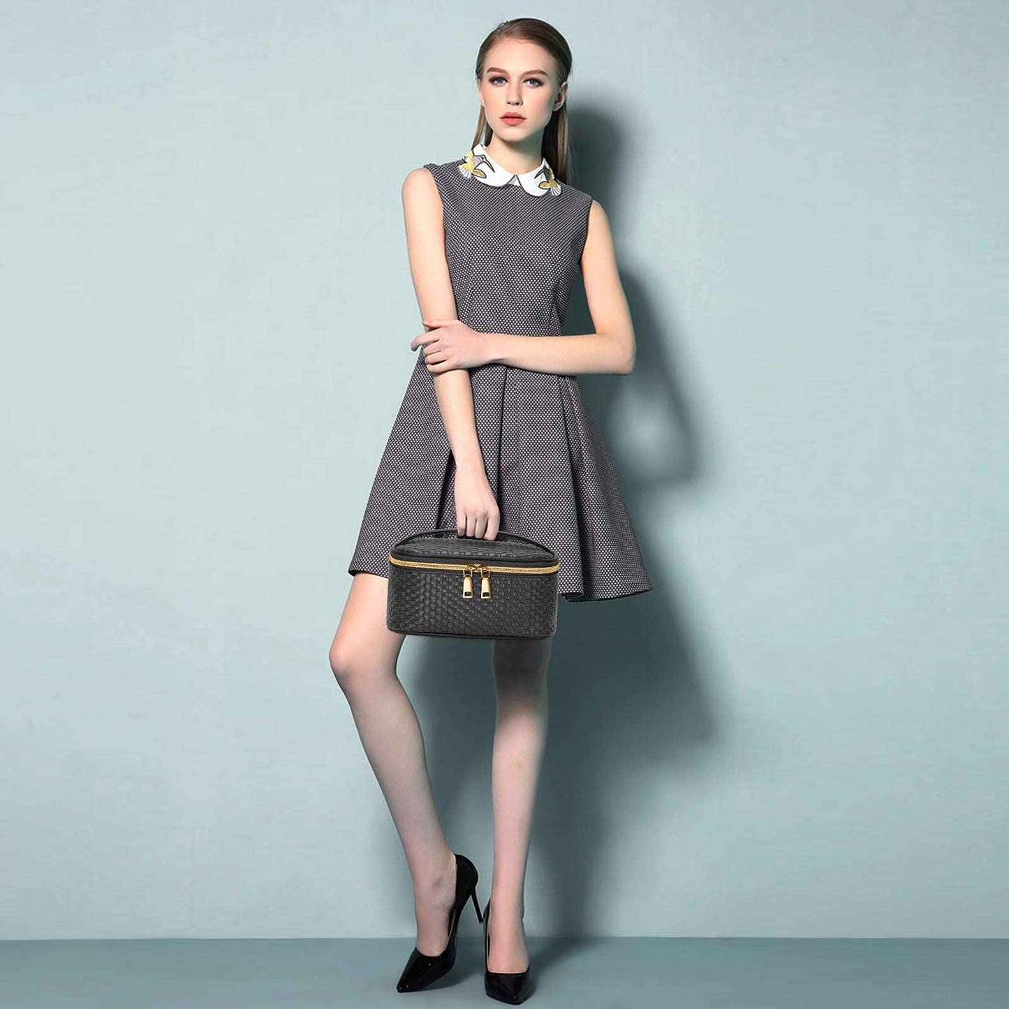 KTMOUW Makeup Bag 3 Pcs waterproof Cosmetic Bag Portable Travel Cosmetic Bag Weave Organizer storage bag (Black)