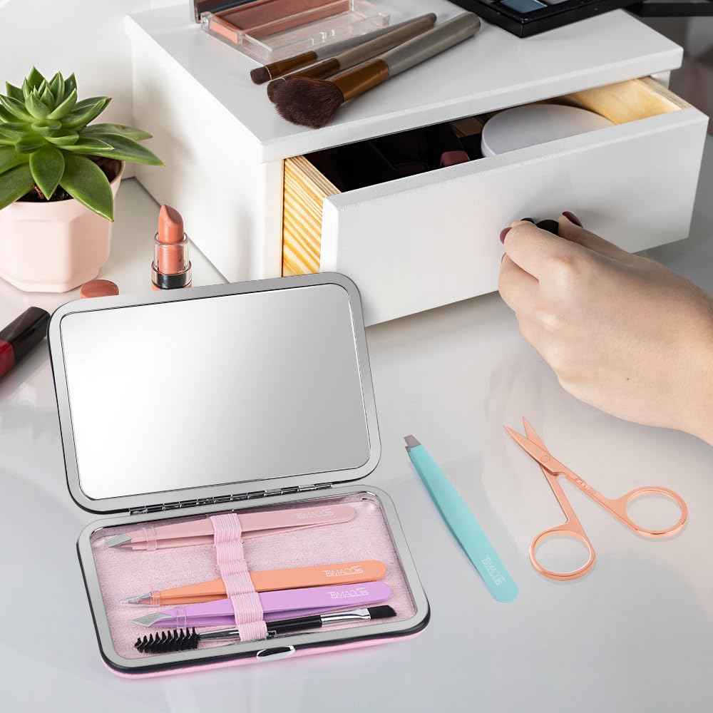 TsMADDTs Tweezers for Women Facial Hair - Precision Tweezers Set with Travel Case - Stainless Steel with Scissor, Mirror