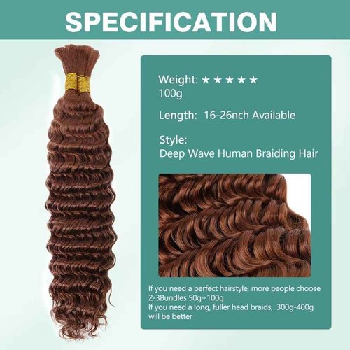 16 Inch 100g Deep Wave Human Braiding Hair 2 Bundles/Pack Deep Curly Bulk Human Braiding Hair for Boho Braids Color 30# No Weft 100% Human Brown Braiding Hair Extensions for Micro Braiding