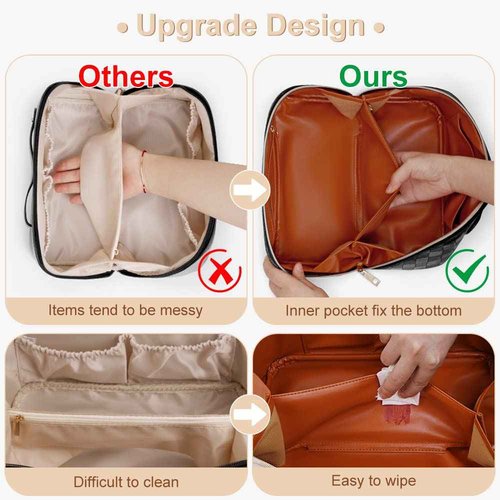 Cessfle Large Capacity Travel Cosmetic Bag, Boho Purple Makeup Bag Waterproof Leather Travel Toiletry Bag Woven Open Flat Makeup Organizer Bag