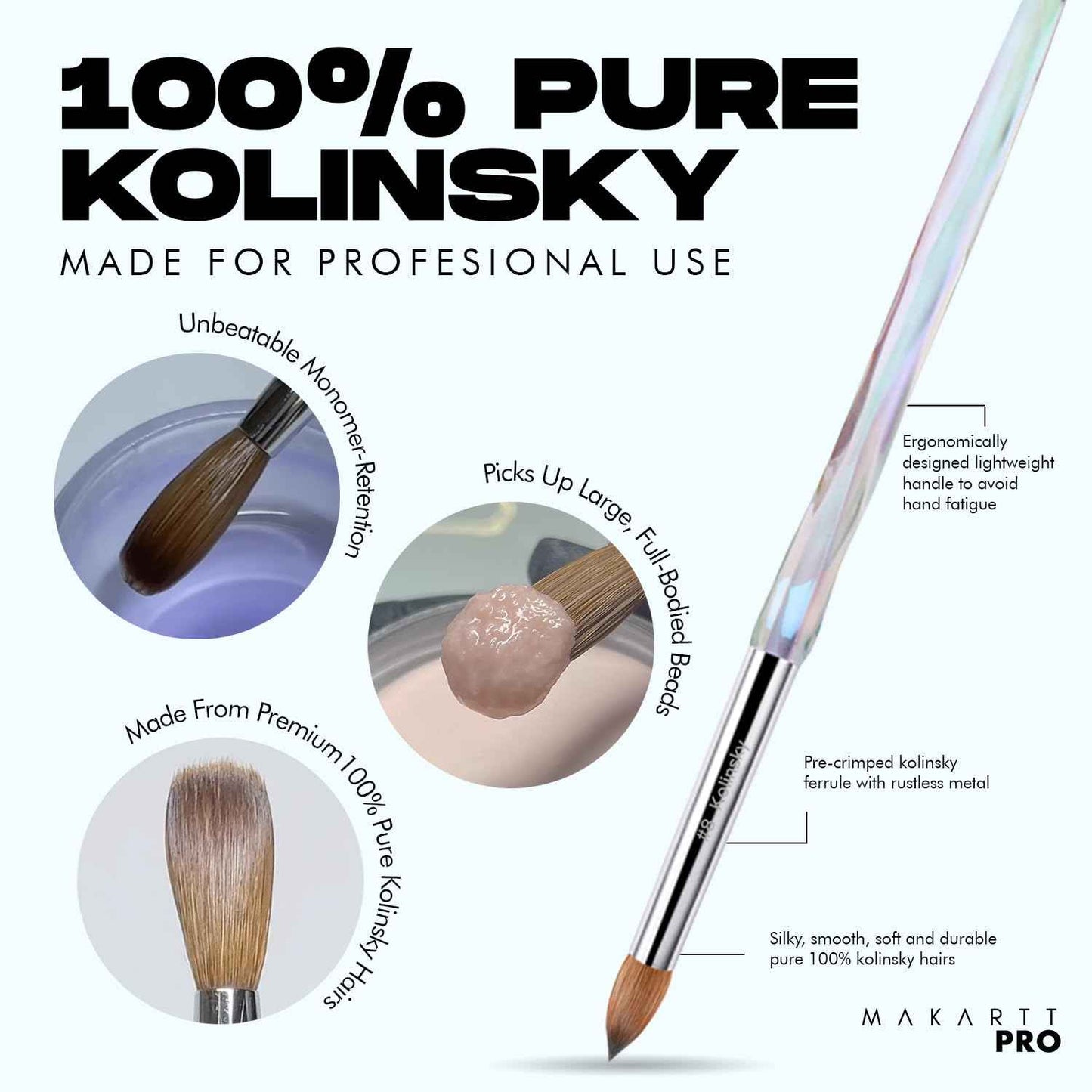 MakarttPro Kolinsky Crimped Acrylic Nail Brush for Acrylic Powder and EMA Monomer Application, Made for Professional Nail Technicians and Beginner Nail Students, Size #12