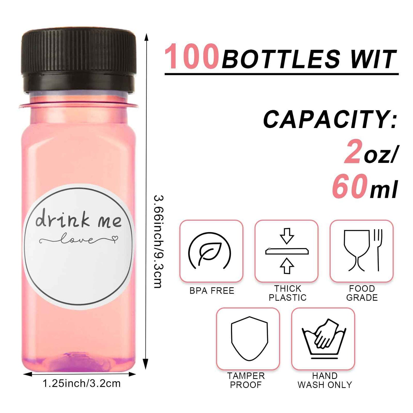100 Pcs 2oz Plastic Bottles with Lids, Clear Plastic Bottle with Caps 2 oz for Liquids Small Reusable Ginger Shots Bottle Vial Beverage Container Leak Proof Mini Jars for Milk, Water, Ginger, Juice