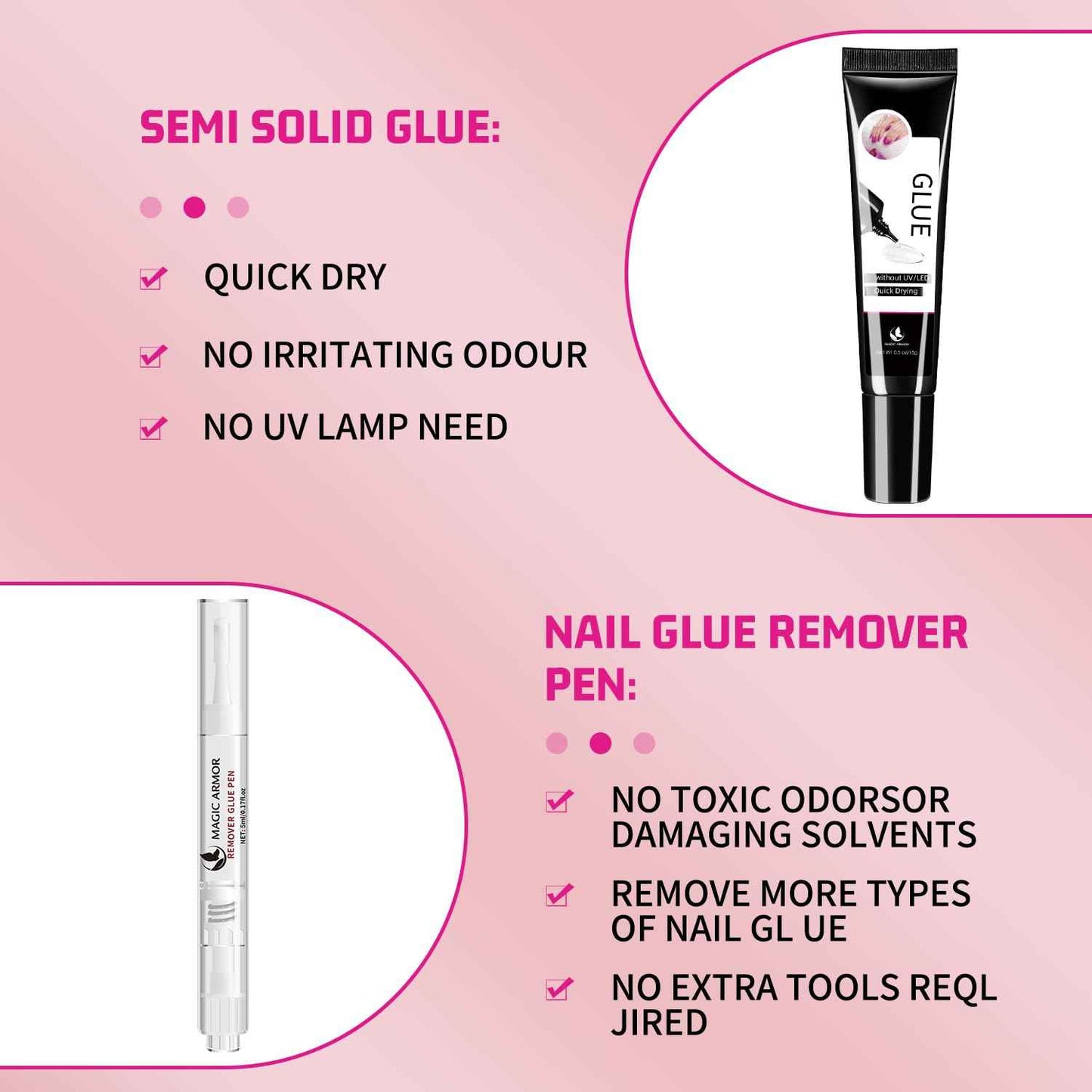 MAGIC ARMOR 15g Semi Solid Nail Glue Gel with 5ml Remover Glue Pen, Super Glue for Press On Nails, No UV Light Needed Long Lasting, Click Removal Pen Design 3-in-1 Remover