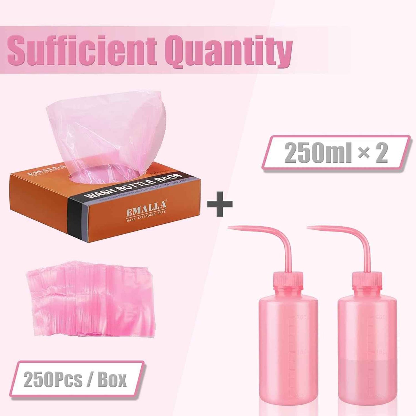 Tattoo Bottle Bags with 2pcs Squeeze Bottles -LEEYUKA 250pcs Pink Wash Bottle Covers With 2pcs 250ml Bottles Squeeze Bottle Sleeves for Tattoo Bottles Pink Tattoo Supplies