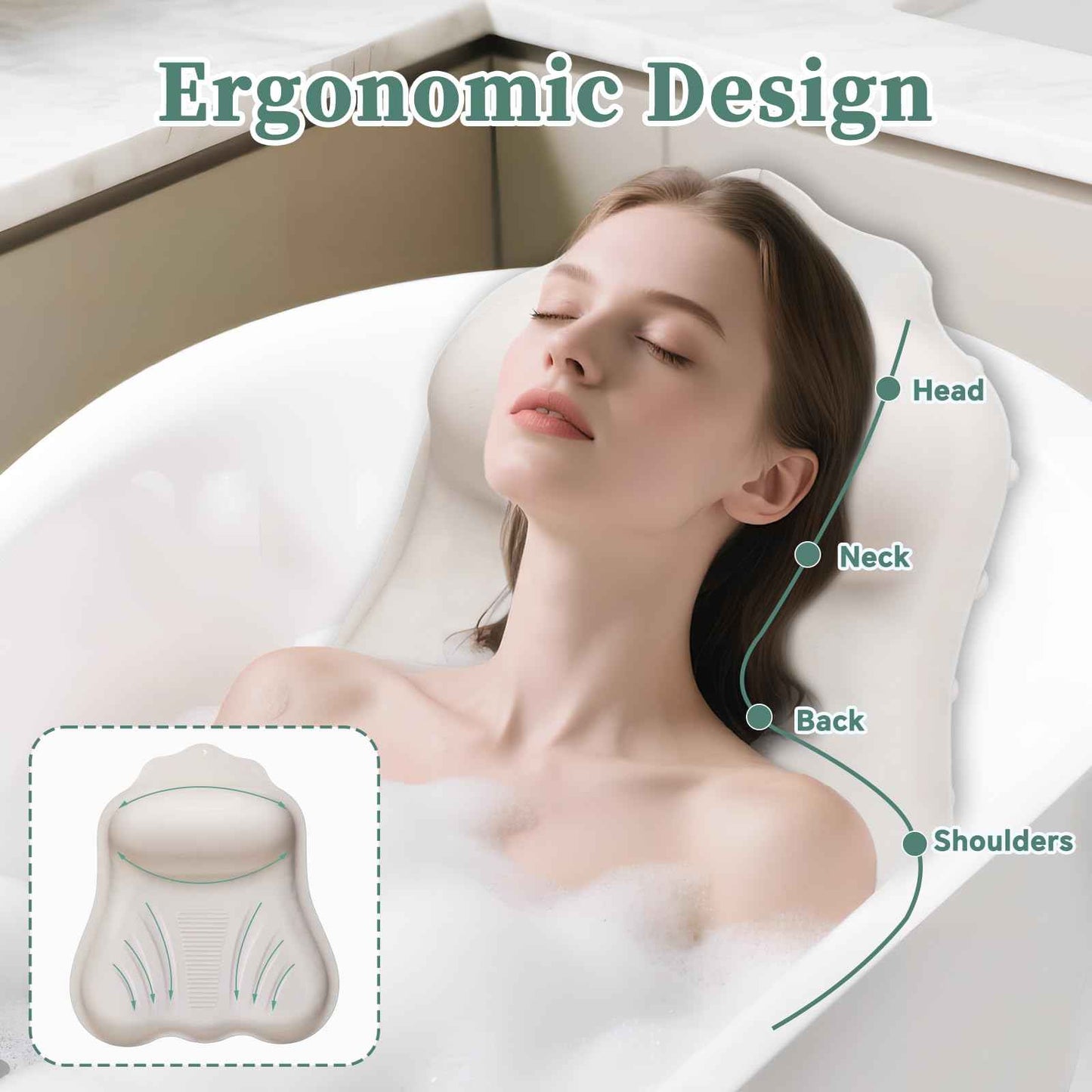 Silicone Bath Pillow for Tub Adults, 4D Air-Cushion Bathtub Pillow for Head Neck and Back Support, Non-Slip Suction Cups, Quick-Drying Waterproof Spa Pillow, Easy to Clean & Store,White