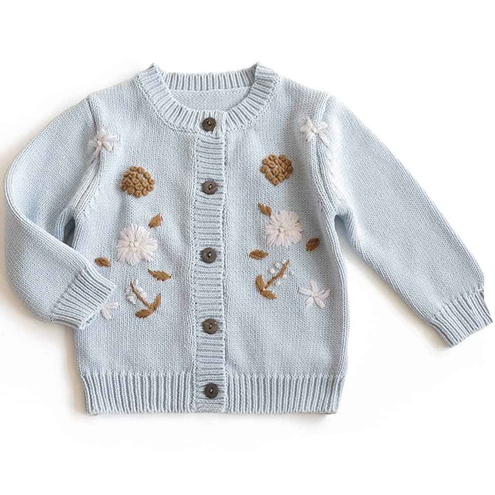 Simplee kids Baby Girls Cardigan Hand Knitted Cardigan with Hand Embroidery Sweater Long Sleeve Coat for Winter and Autumn 4-5T B-Blue