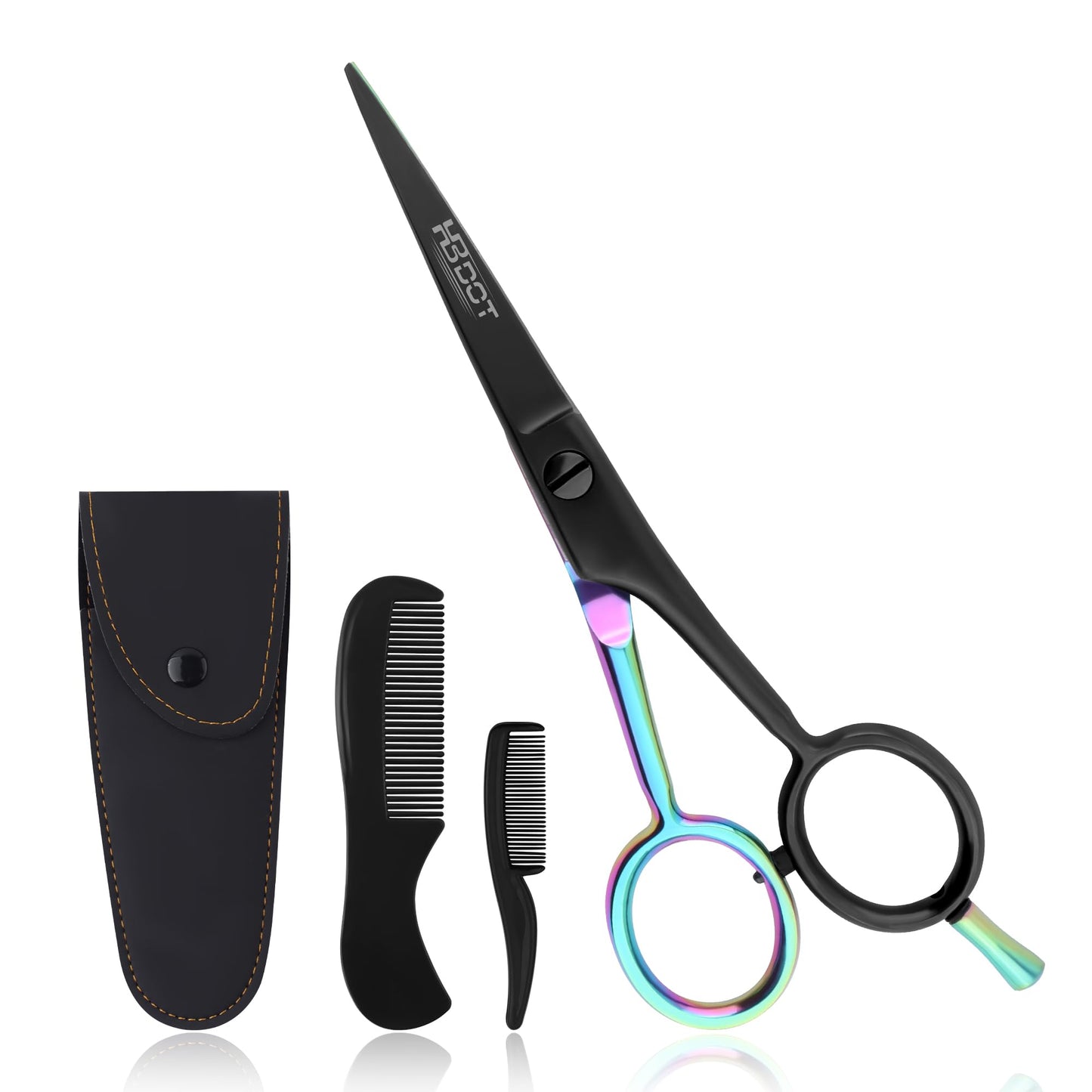 HB DOT - Professional Mustache Scissors, 5" Black & multi Mustache Beard Scissors, German Stainless Steel Beard Scissors for Men with Case, 2 Combs (Black and Mulit)