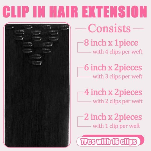 Clip in Hair Extensions, 18 Inch 7Pcs Invisible Seamless Real Hair Extensions Clip in Human Hair, 1B Natural Black Straight Human Hair Extensions for Women, 95g Double Weft Remy Human Hair