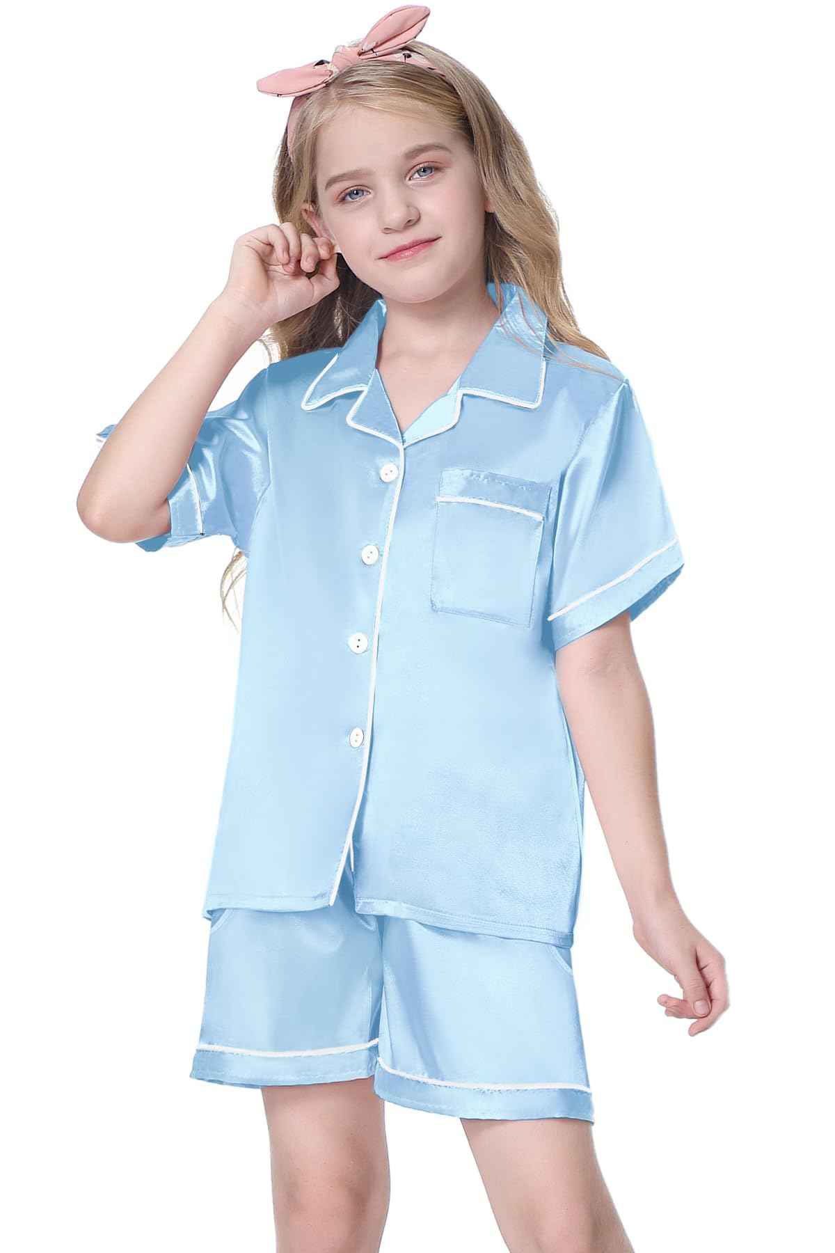 Satin Pajamas for Girls Silk Button Down PJ Set Sleepwear, Blue, 13-14 Years
