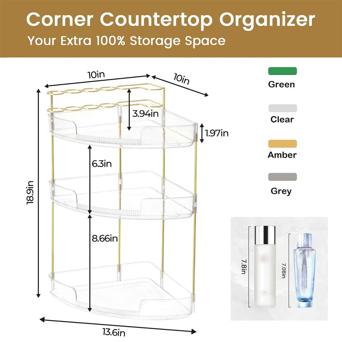 FELIZHOUSE 3-Tier Makeup Organizer for Vanity & Bathroom Countertop – Acrylic Storage Shelf with Perfume Tray & Makeup Brush Holder, Tool-Free Installation, Design for Bathroom & Dresser - Clear