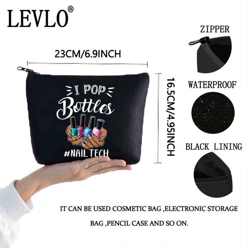LEVLO Nail Technician Cosmetic Bag Manicurist Nail Tech Gift I Pop Bottles Nail Tech Make up Zipper Pouch Bag Nail Artist Gift (I Pop Bottles Black)