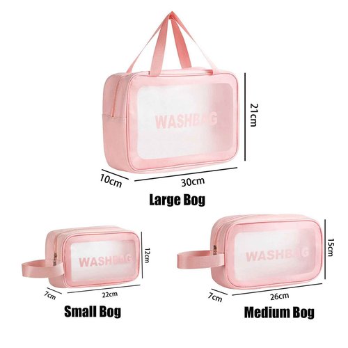 BIRDDIE Clear Travel Bags for Toiletries,3 Pack Toiletry Bag,Matte Translucent Toiletry Bag,Makeup Bag With Handy Handle,Travel Pouch,Makeup Cosmetic Organizer for Travel Essentials(Pink)