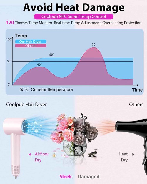Professional High Speed Ionic Hair Dryer - 1 Min Fast Drying, 180000 RPM Blow Dryer 500 Million Negative Ions, No Heat Damage & Low Noise, Lightweight, Hairdryer with Magnetic Concentrator for Women