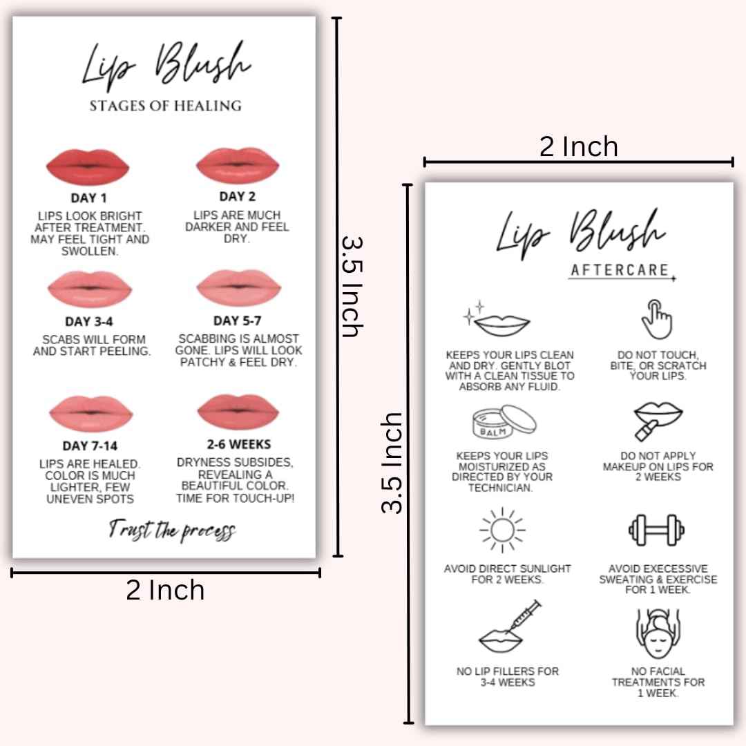 Lip Blush Aftercare Instruction Cards | 50 pack 2 x 3.5 Inch business card size | Lip Blush Permanent Makeup Tattoo Aftercare