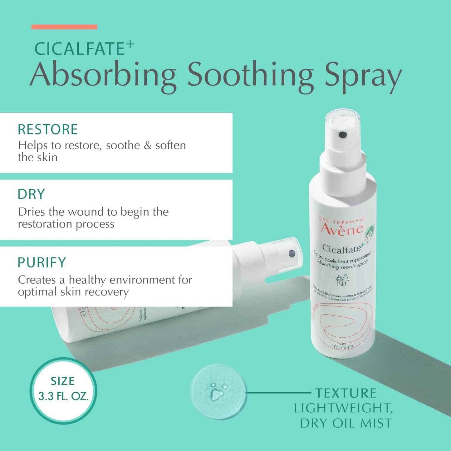 Avène Cicalfate+ Absorbing Soothing Spray to dry and restore irritated, sensitive skin, helps restore skin barrier, safe for infants, children and adults