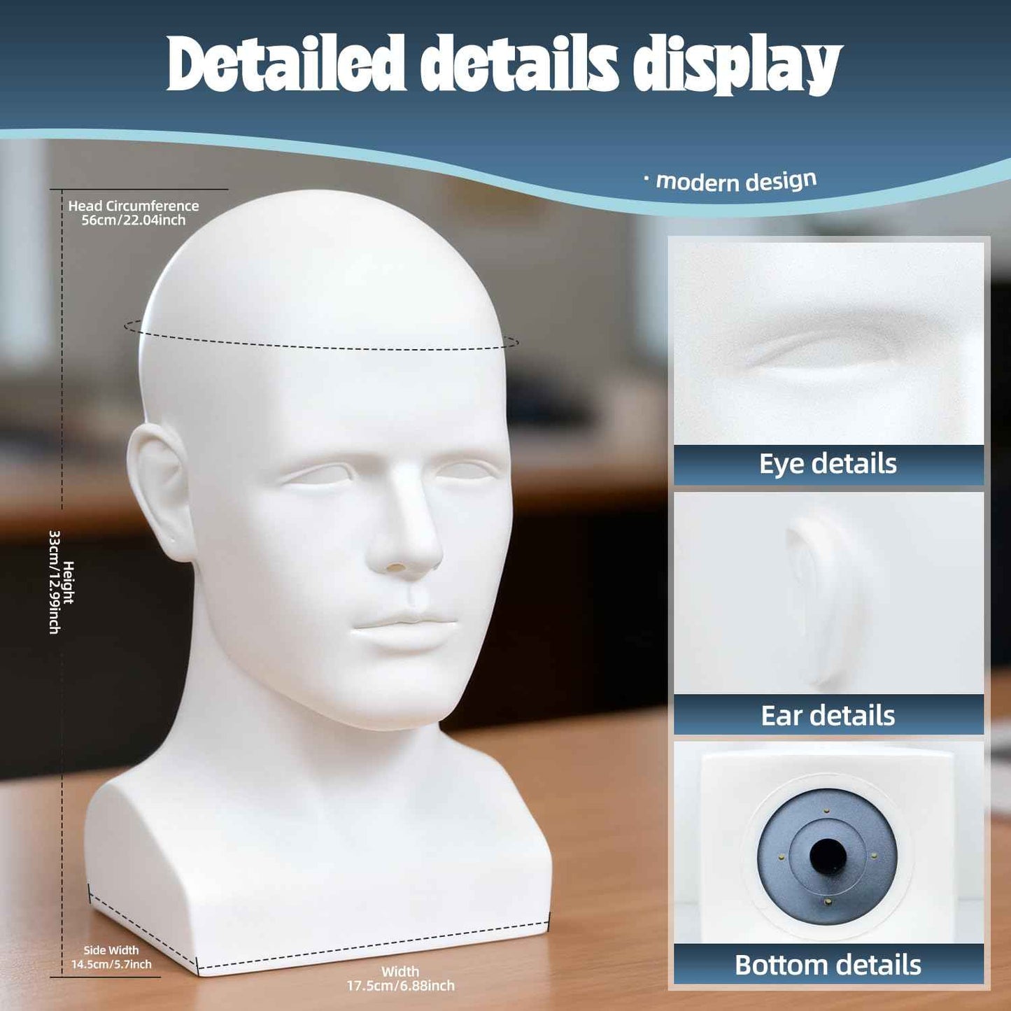 Male Mannequin Head, Metallic Gray Male Mannequin Head with Stand Professional Manikin Head, Bald Training Head for Display Wigs (Gray)