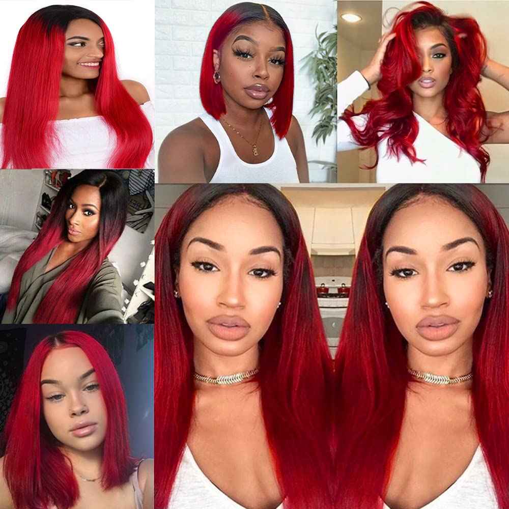 Yuksoocosh Ombre 1B/Red Straight Human Hair Bundles Two Tone Black and Fire Red 10 12 14 inch Double Weft Brazilian Hair Extensions Silky Soft for Black Women