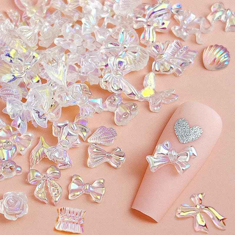 100pcs Mix Shapes Aurora Nail Art Charms - Camellia Bow, Resin Flower, Butterfly, Kawaii Bear, Moon, Heart Nail Charms