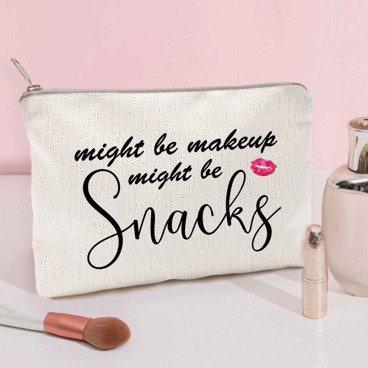 Might Be Makeup Might Be Snacks Linen Zippered Makeup Bag Change Pouch Cosmetic Bag Storage Makeup Organizer Bath And Beauty Bag Purse Carry All
