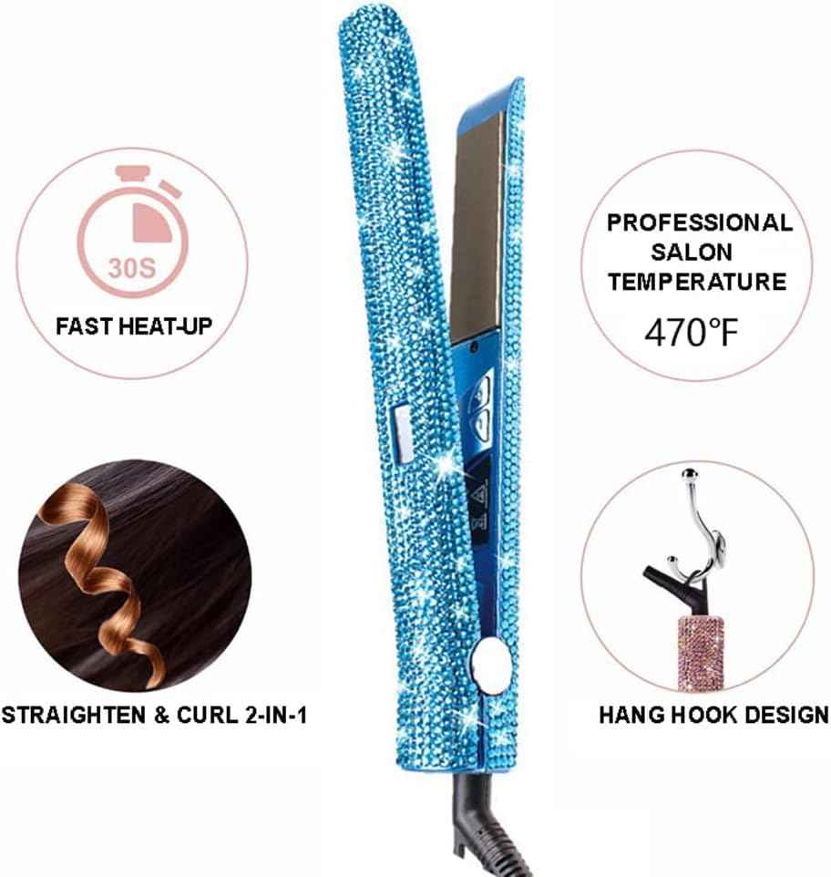 Hair Straightener Titanium Flat Iron with Gorgeous Rhinestone Bling Crystal Diamond, 2 in 1 Hair Straightener and Curler, 60 Min Auto Shut Off, LCD Temp Display (Blue)