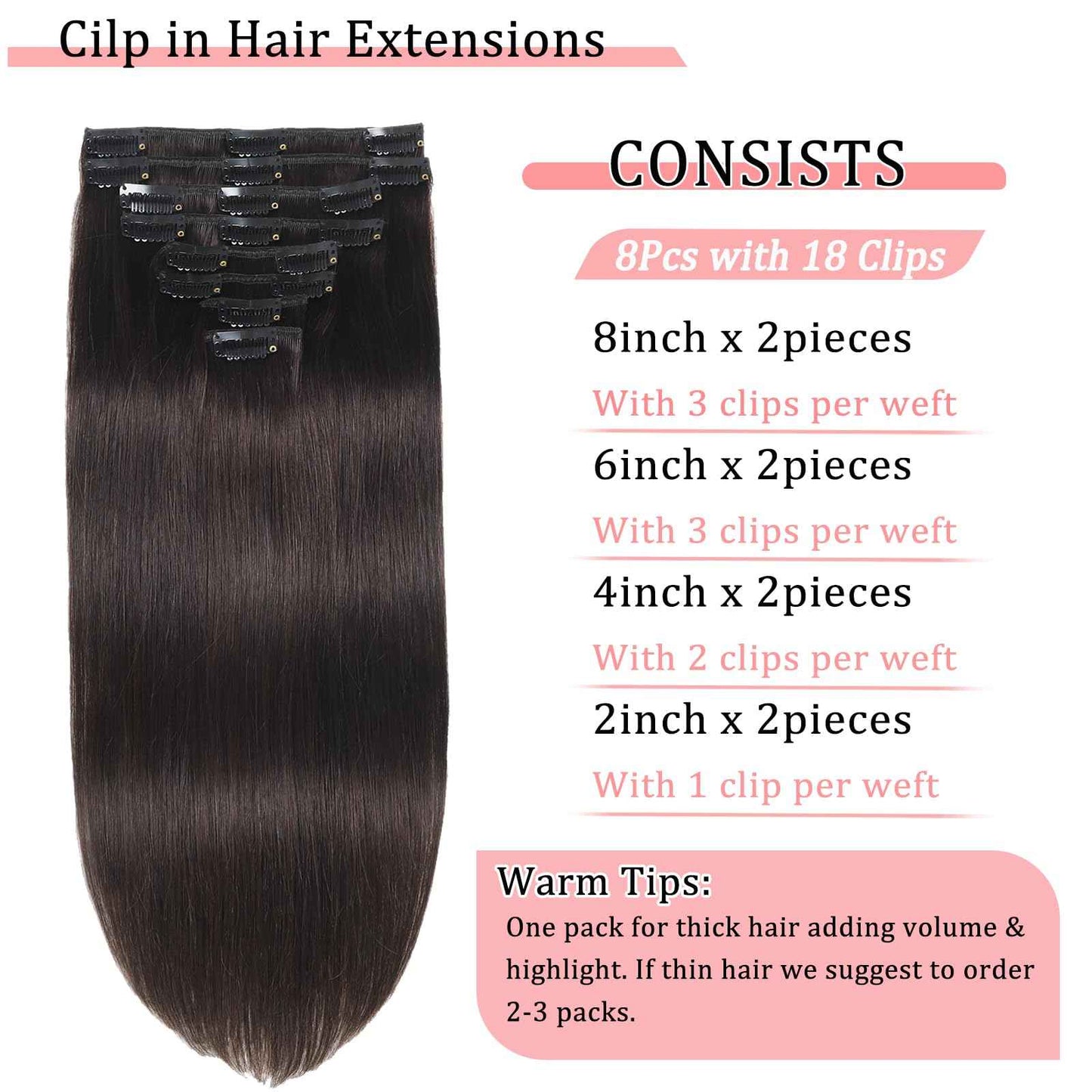 Clip in Hair Extensions Real Human Hair Clip in Extensions for Women Seamless Invisible Dark Brown Natural Remy 100% Human Clips ins Extension 8pcs Double Weft 16 inch 3.2oz/90g