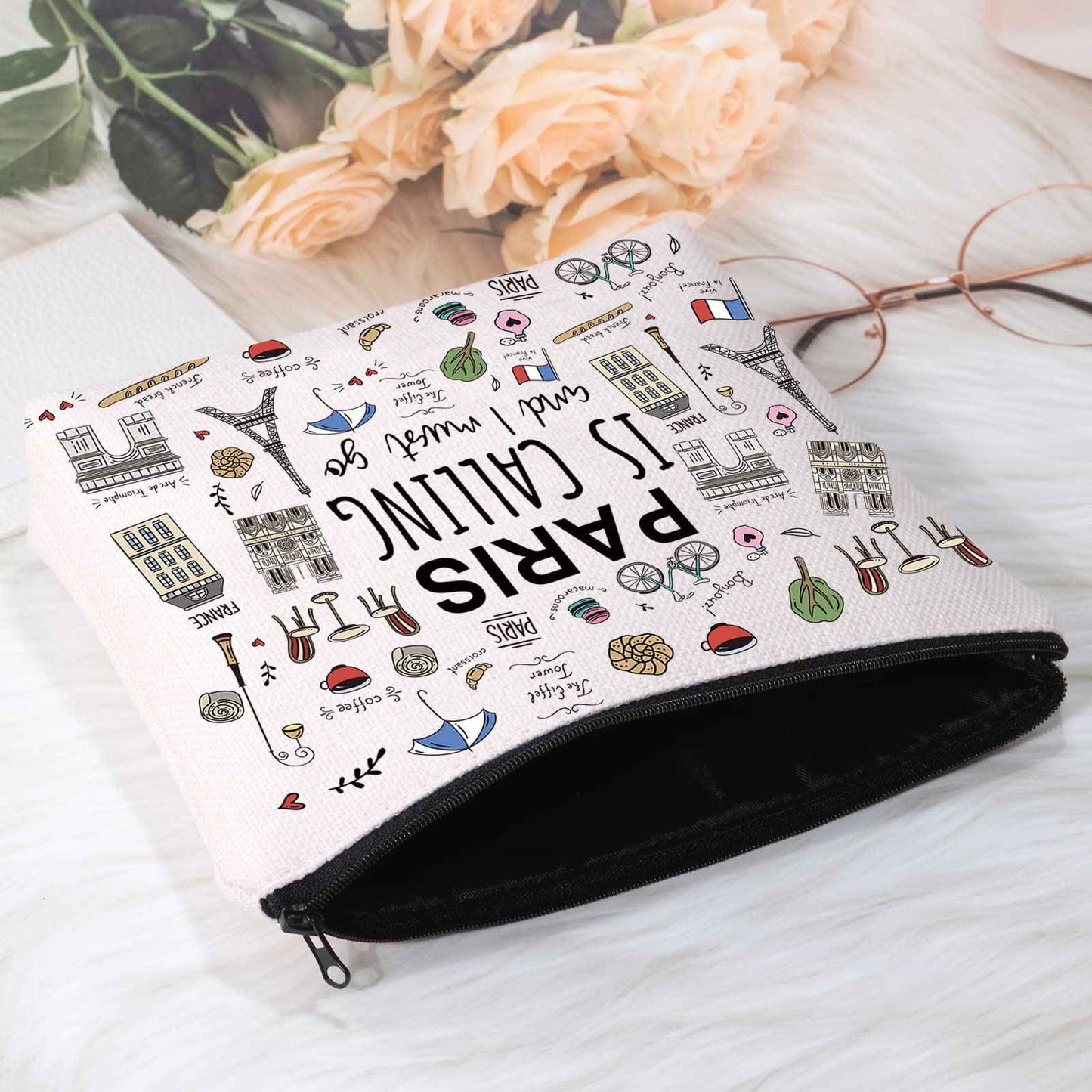 POFULL Paris Themed Gifts Paris Is Calling And I Must Go Cosmetic Bag Paris Lover Gift (Paris Is Calling Cosmetic Bag)