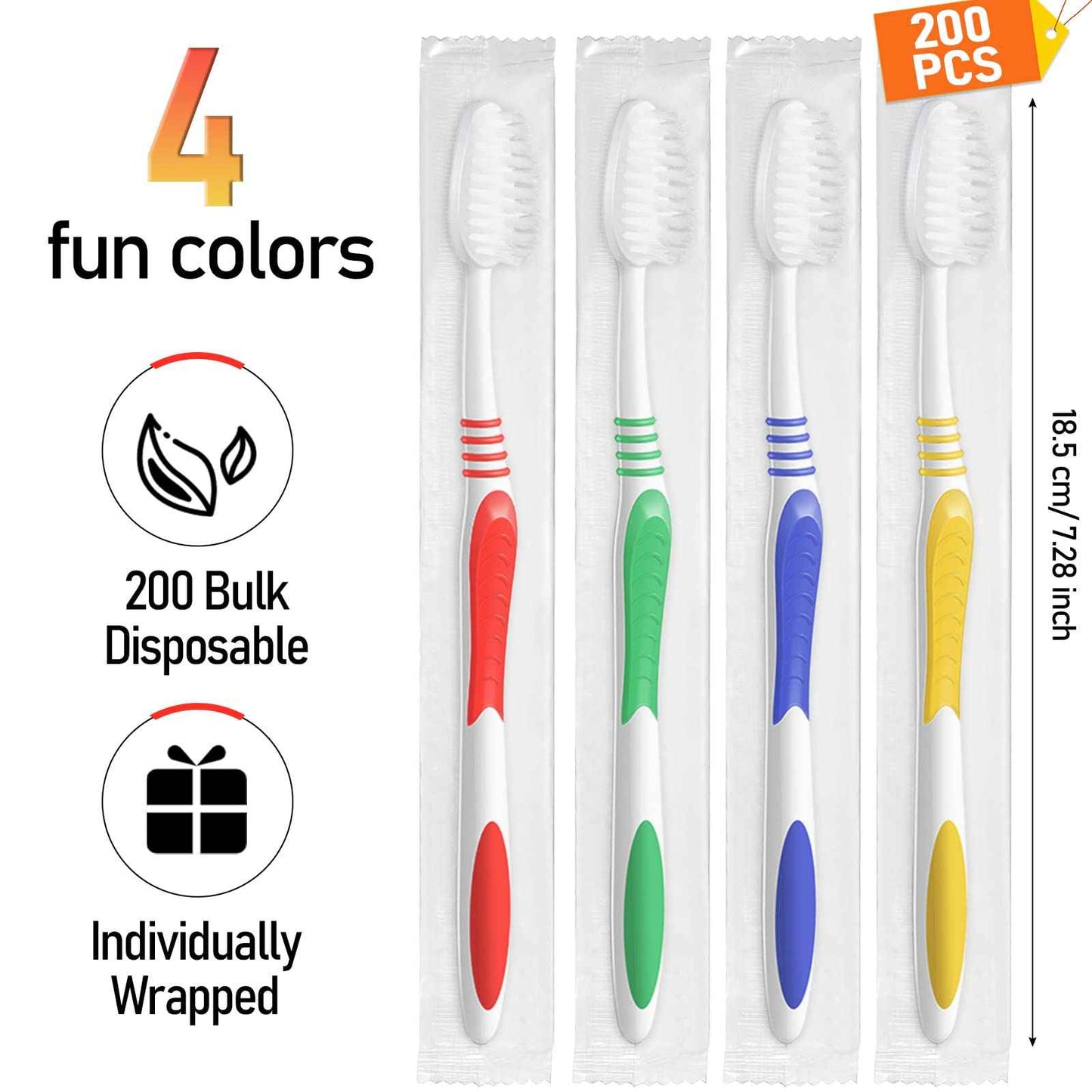 Honeydak 200 Packs Bulk Disposable Toothbrushes - Individually Wrapped, Multicolor, Soft Bristle Medium Manual Travel Toothbrushes for Hotel Toiletries(Classic)